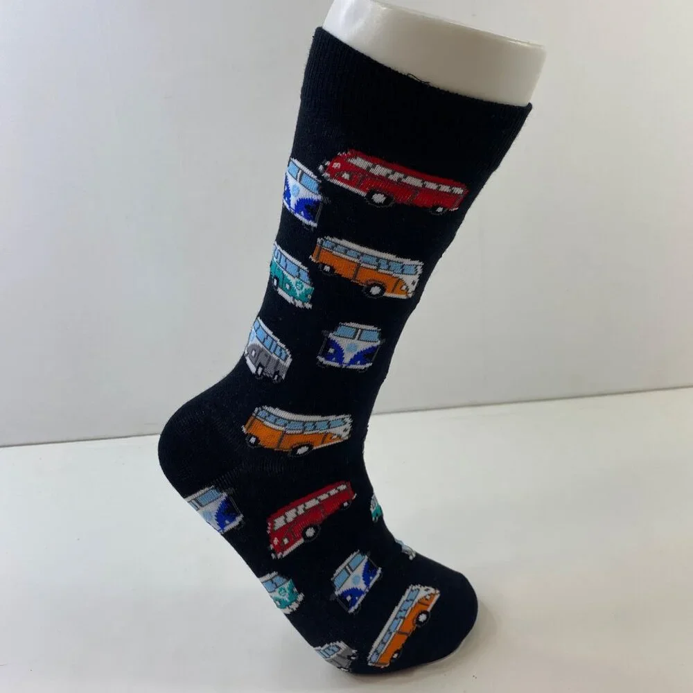 Mens Crew Socks Set 1 Retro Camper Van Print Black Blue Red Orange White
